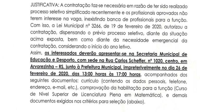 NSCRIÇÕES PARA PROFESSOR DE MATEMÁTICA IRÃO ATÉ QUARTA-FEIRA, DIA 26 DE FEVEREIRO, NA SECRETARIA MUNICIPAL DE EDUCAÇÃO E DESPORTO DE ARVOREZINHA.