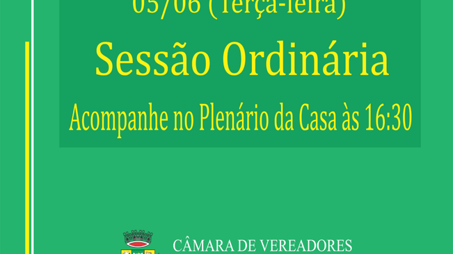 Câmara realizará Sessão Ordinária no dia 05 de Junho de 2018.